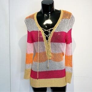 Y2K Metallic Knit Top Pink Gold Stripe | Lace-Up Medium